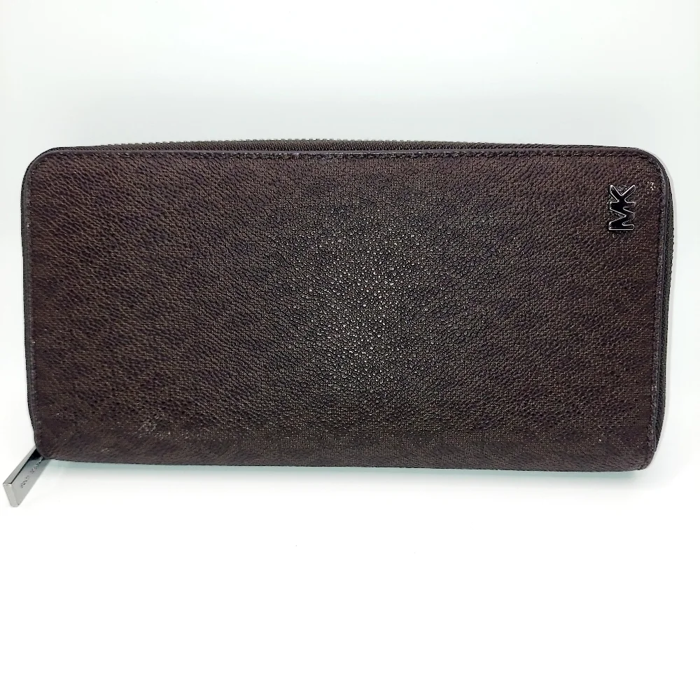 Michael Kors Black Brown Logo Canvas Zip Around Wallet VGC!